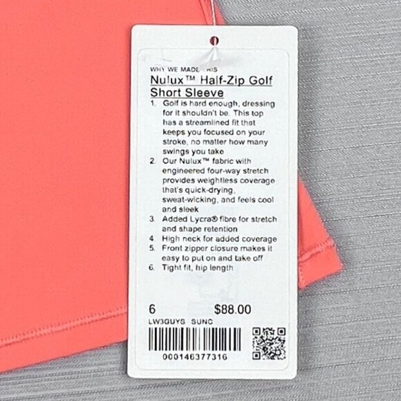 RARE! NEW Lululemon Short-Sleeve Shirt Sz. 6 - Sunny Coral *Nulux Half-Zip Golf - Picture 7 of 9